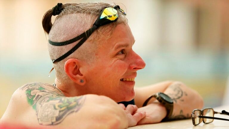 Julia Paevskaya, known as Tyra, stops at the pool during the 2018 Invictus Games test in Kyiv, Ukraine
